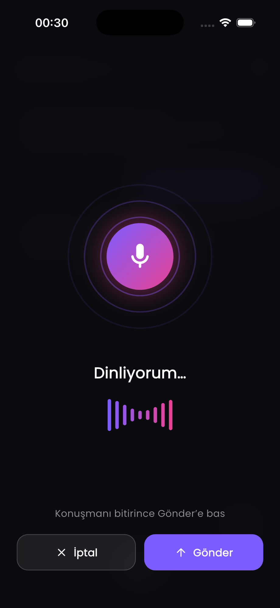 Merkezim AI sesli asistan dinleme ekranı