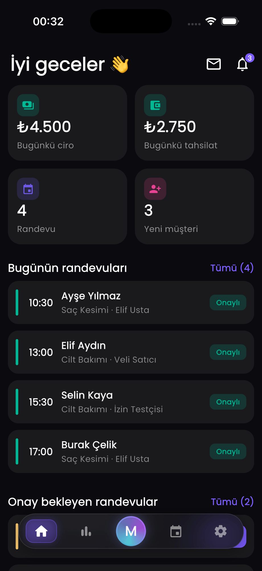 Merkezim uygulaması ana paneli — günlük ciro, tahsilat ve bugünün randevuları